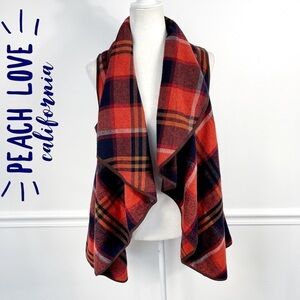 Peach Love California Orange & Navy Blue Plaid Flannel Waterfall Vest - MEDIUM